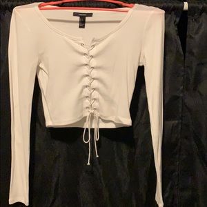 White crop lace up shirt